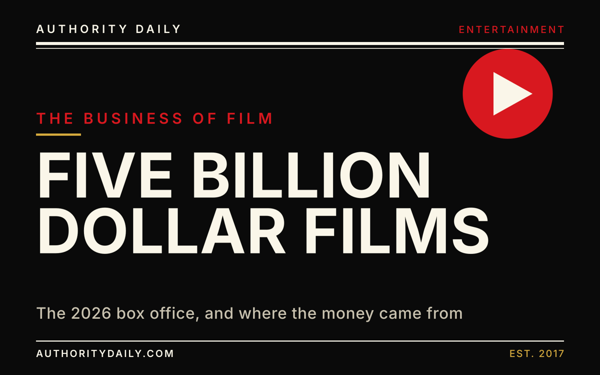 Editorial cover reading Five Billion Dollar Films in bold type beside a play-button motif
