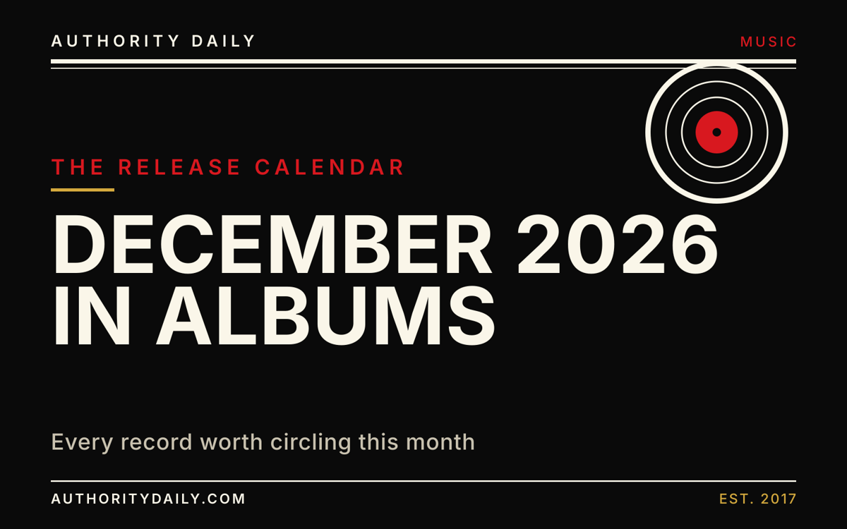 Editorial cover reading December 2026 in Albums in bold type beside a record motif