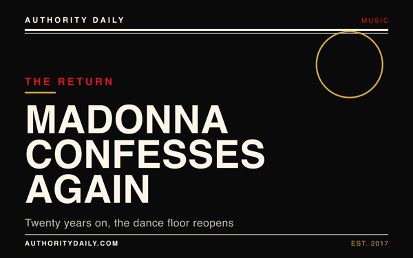Editorial cover reading Madonna Confesses Again over a disco-ring motif