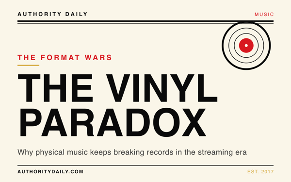 Rolling Stone–style editorial cover reading The Vinyl Paradox over a stack of records