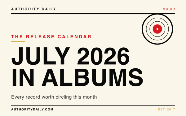 Editorial cover reading July 2026 in Albums over a record motif