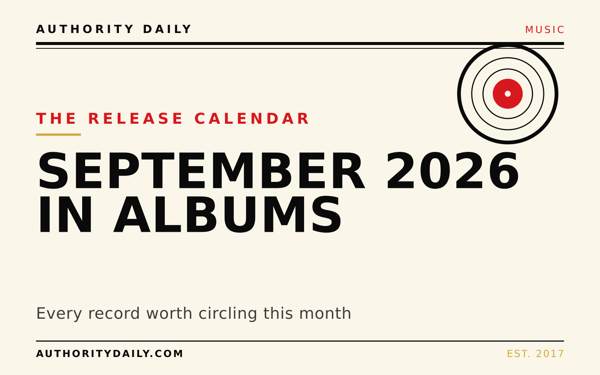 Editorial cover reading September 2026 in Albums over a record motif